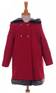 Red girl's coat with fur-trimmed hood