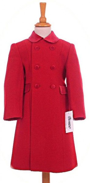 Traditional children's coats in 100% wool with velvet collars and buttons.